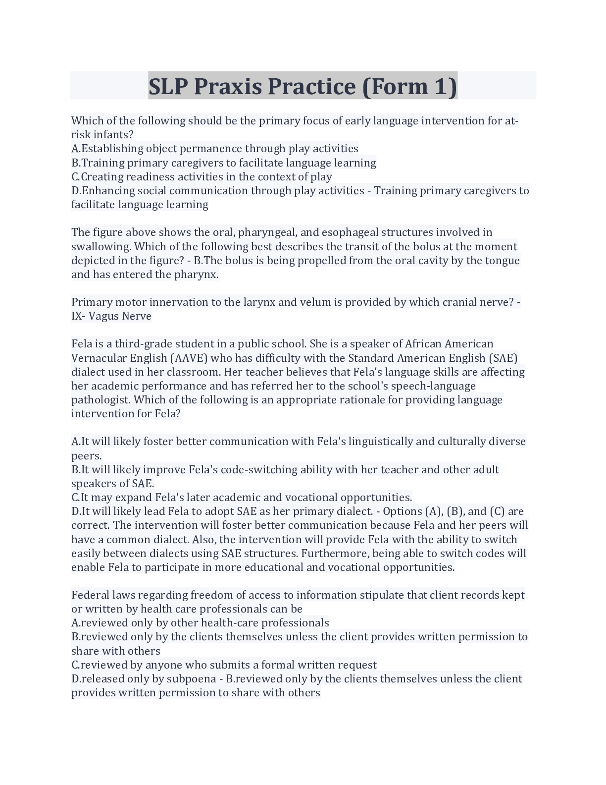 Preview image for 100% Correct SLP Praxis Practice (Form 1)